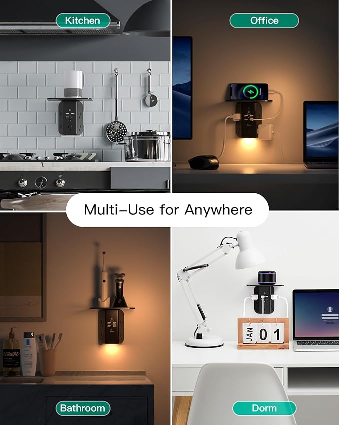 Wall Outlet Extender with Shelf and Night Light, Surge Protector, USB Wall - Image 6