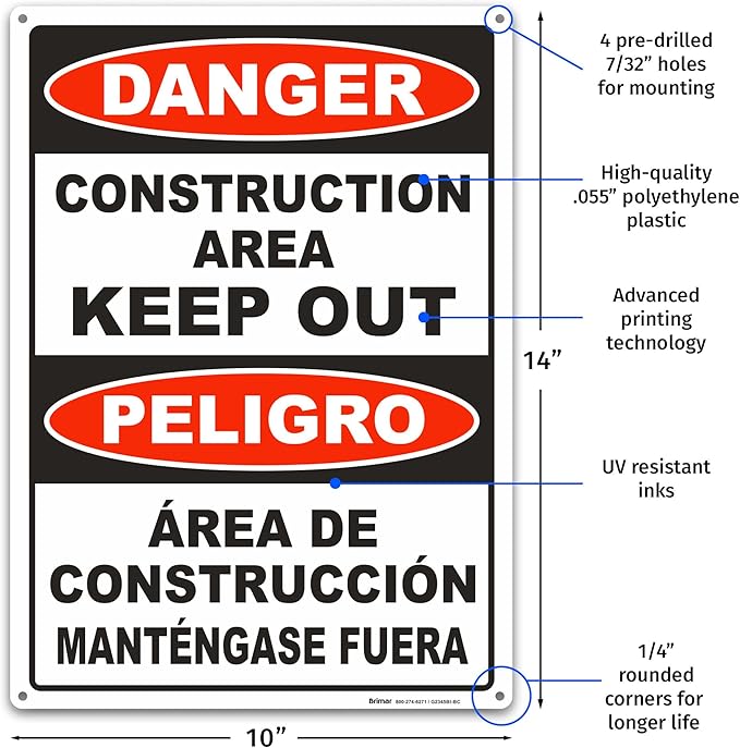 Brimar - 10" x 14" - Bilingual Danger Construction Area Keep Out Sign - .055″ - Image 2
