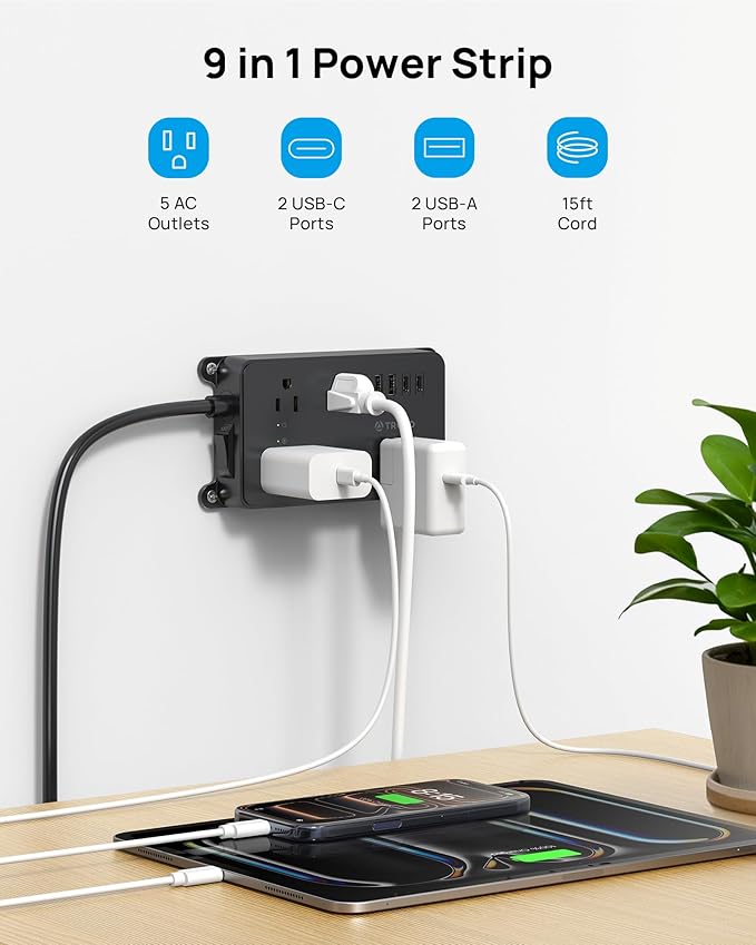 TROND Surge Protector Power Strip, 15ft Long Extension Cord, ETL Listed - Image 2