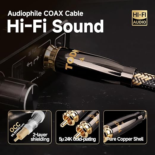 TODN Digital Coaxial Cable 75-Ohm Audiophile SPDIF Coax Audio Cable RCA to RCA - Image 6