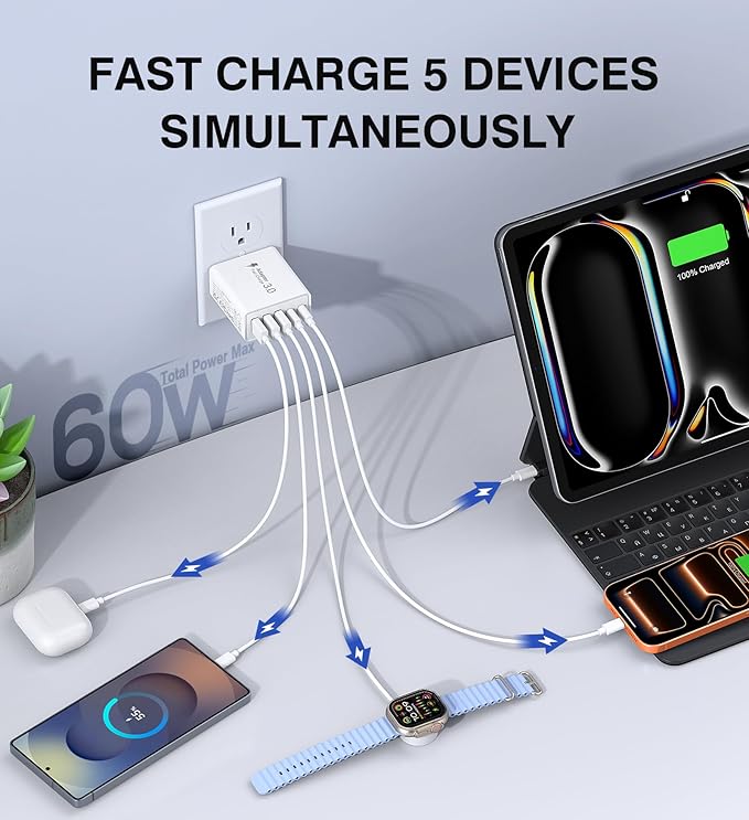 USB C Wall Charger, 60W USB C Charger Block 5-Port PD Fast Charging Blocks + QC - Image 2