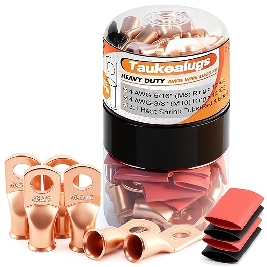 20PCS 4 AWG 5/16 3/8 inch Battery Cable Lugs, 4 gauge Copper Crimp Connector by TAUKEALUGS