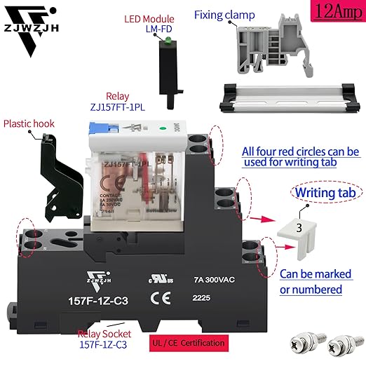 UL Listed 6 Pcs 12Amp Din Rail Relay 24V DC Relay Coil, 5 Pin SPDT 1NO 1NC - Image 3