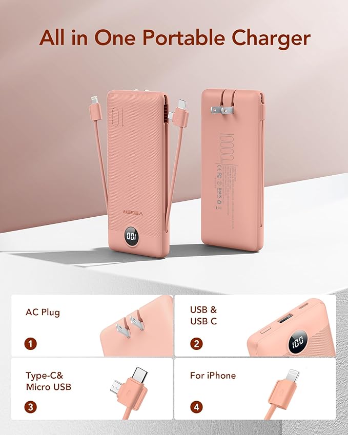 VEGER Portable Charger for iPhone Built in Cables and Wall Plug, 10000mah Slim - Image 5