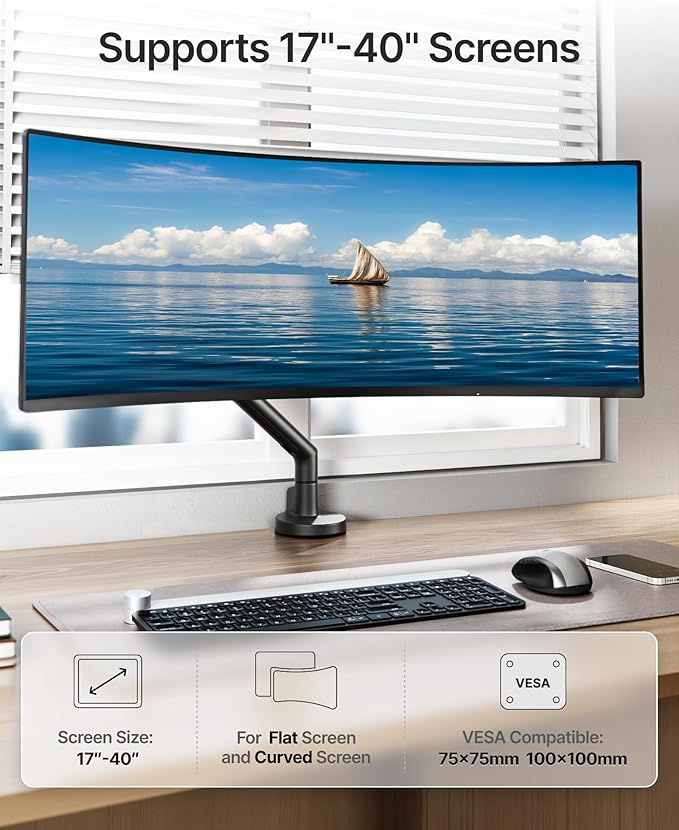 monTEK Single Monitor Arm for 17-40 Inch Screens, Heavy Duty Monitor Mount - Image 2