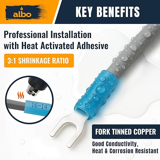 150PCS Blue Heat Shrink Fork Spade Connectors #10 – 16-14 AWG Tinned Copper - Image 4