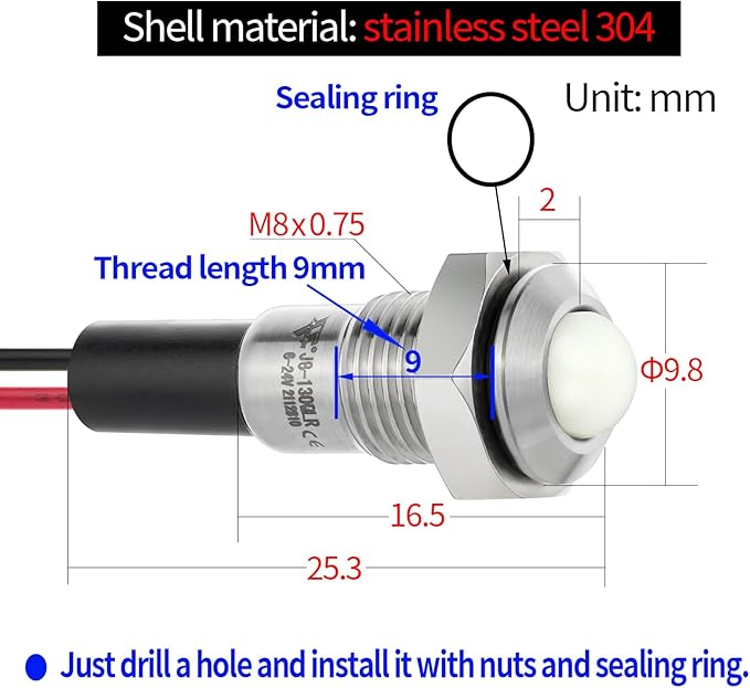 ZGSZJHF UL Listed Mini Indicator Light 8mm 0.31" Waterproof Domed Metal - Image 4