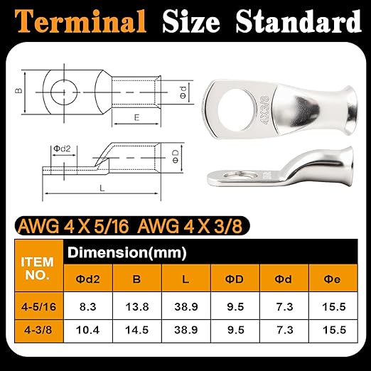 20PCS 4 AWG 5/16 3/8 inch Battery Cable Lugs, 4 gauge Tinned Copper Crimp - Image 4