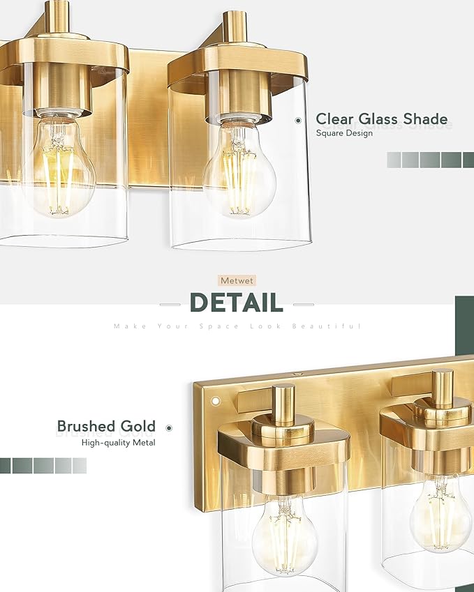 METWET Bathroom Light Fixtures Over Mirror, 3-Light Brushed Gold Vanity Light - Image 3