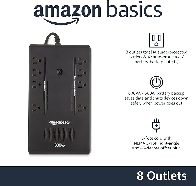 Amazon Basics UPS Battery Backup & Surge Protector 600VA/360W, 8 Outlets - Image 2