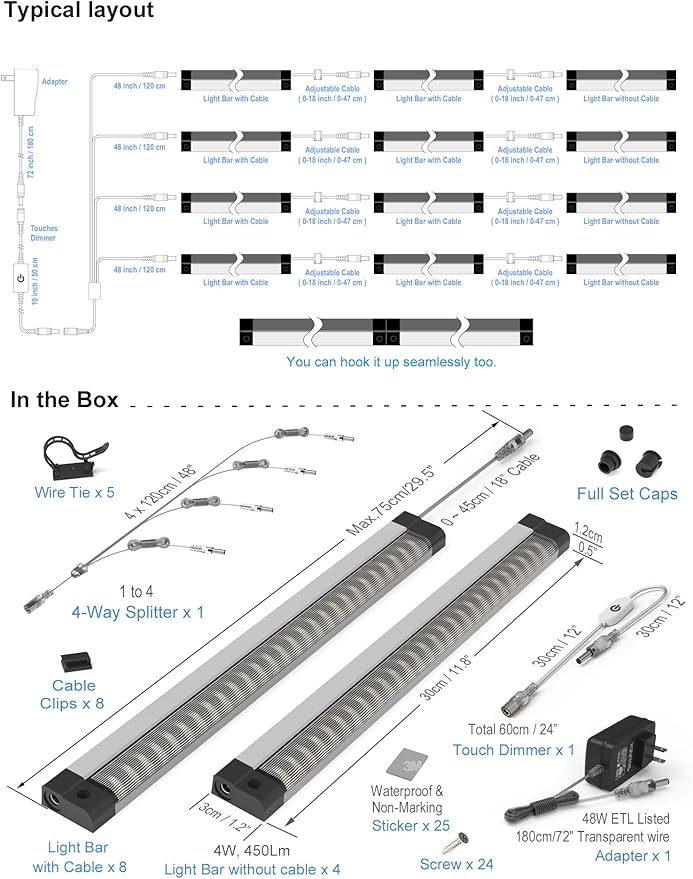 EBD LED Under Shelf Lights, 4-Way Splitter Light Bar, 12-Panel Cabinet Lighting - Image 6