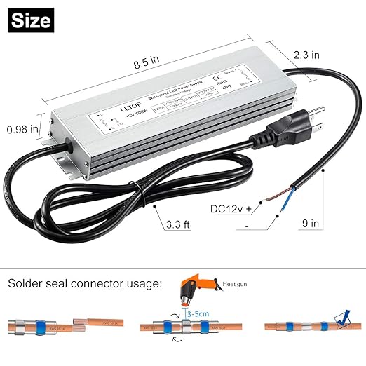 LLTOP LED Driver 100 Watts Waterproof IP67 Power Supply AC100-264V to 12V DC - Image 3