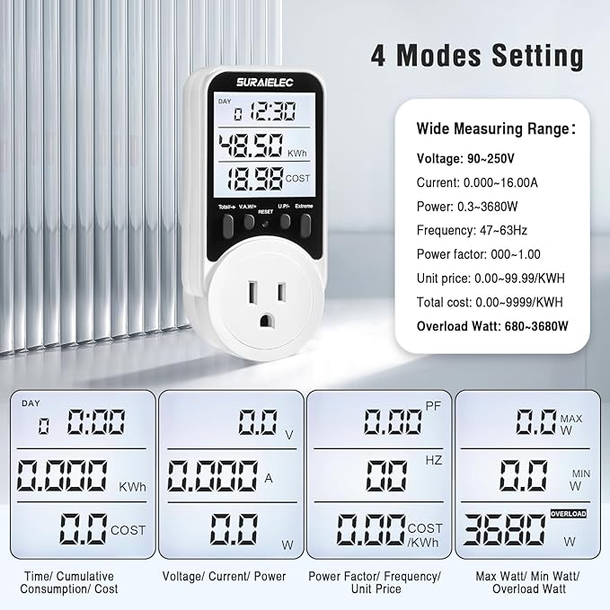 Suraielec Watt Meter, Plug-in Socket Power Meter, 90V-250V Wide Range, Backlit - Image 3