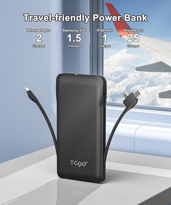 TG90° Portable Charger with Cords Only 10000mAh Power Bank with Built in Cables - Image 5