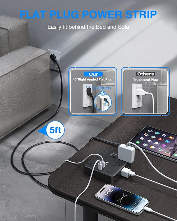 Power Strip Surge Protector, Flat Extension Cord Indoor 20 Feet, HUNIAN 12 - Image 3