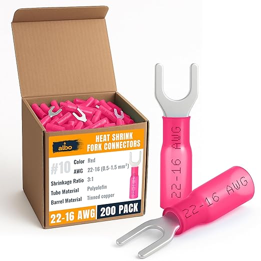 200PCS Red Heat Shrink Fork Spade Connectors #10 – 22-16 AWG Tinned Copper by BinamInc