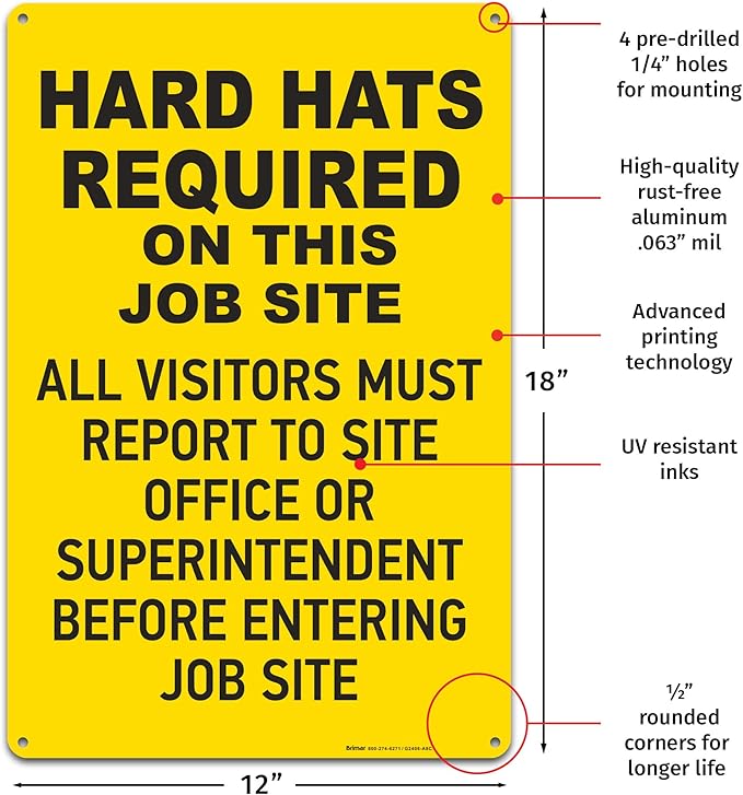 Brimar - 12" x 18" - Hard Hats Required on Job Site Sign - .063″ White - Image 2