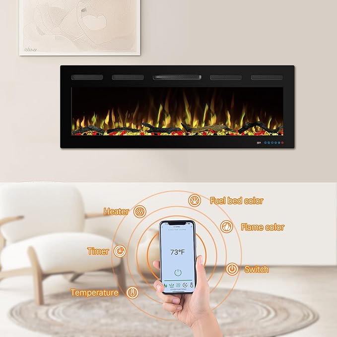 65" WiFi Electric Fireplace Inserts, Recessed and Wall Mounted Fireplace Heater - Image 4