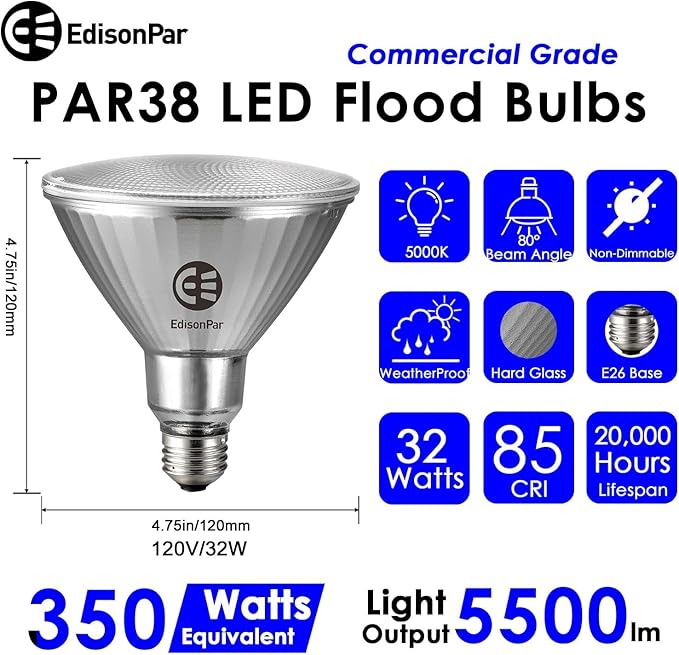 EdisonPar Full-Glass PAR38 LED Flood Light Bulbs Outdoor/Indoor Equivalent 350 - Image 2