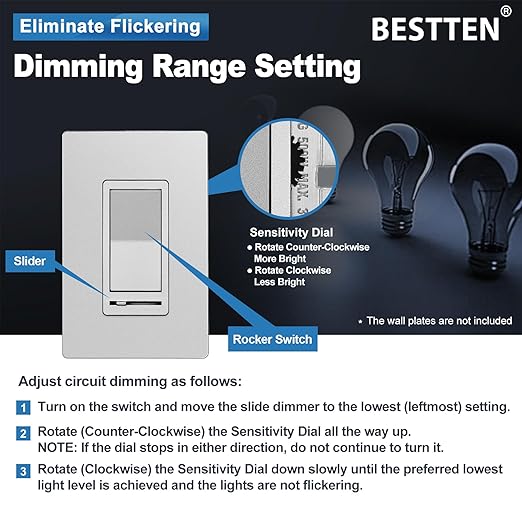 BESTTEN 10 Pack Matte Silver Dimmer Light Switch, Single Pole or 3-Way - Image 4