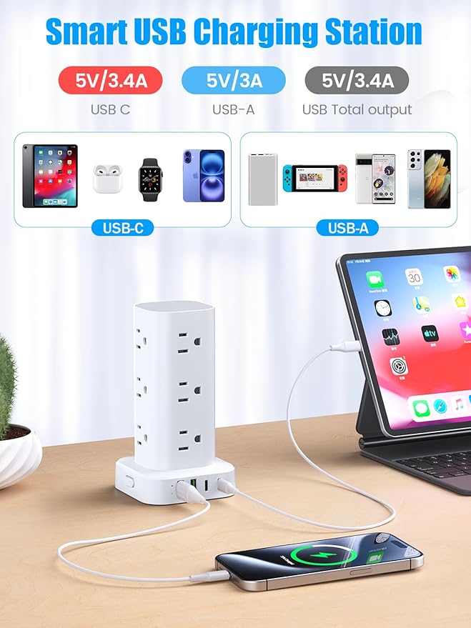 Flat Plug Power Strip Tower Surge Protector, 10FT Flat Extension Cord - Image 5