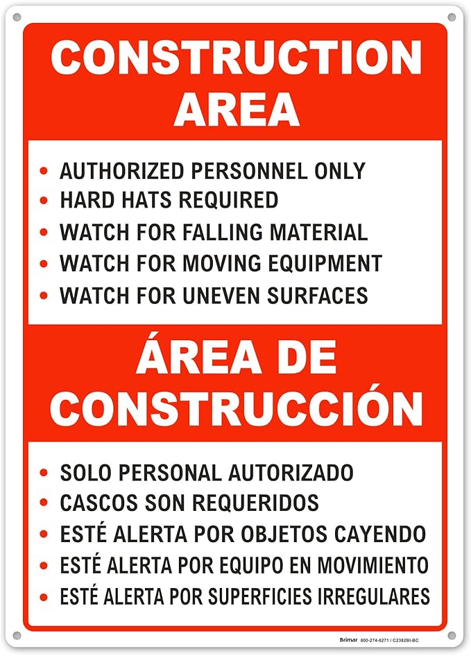 Brimar - 10" x 14" - Bilingual Construction Area Rules Sign - .055″ by BrimarIndustries