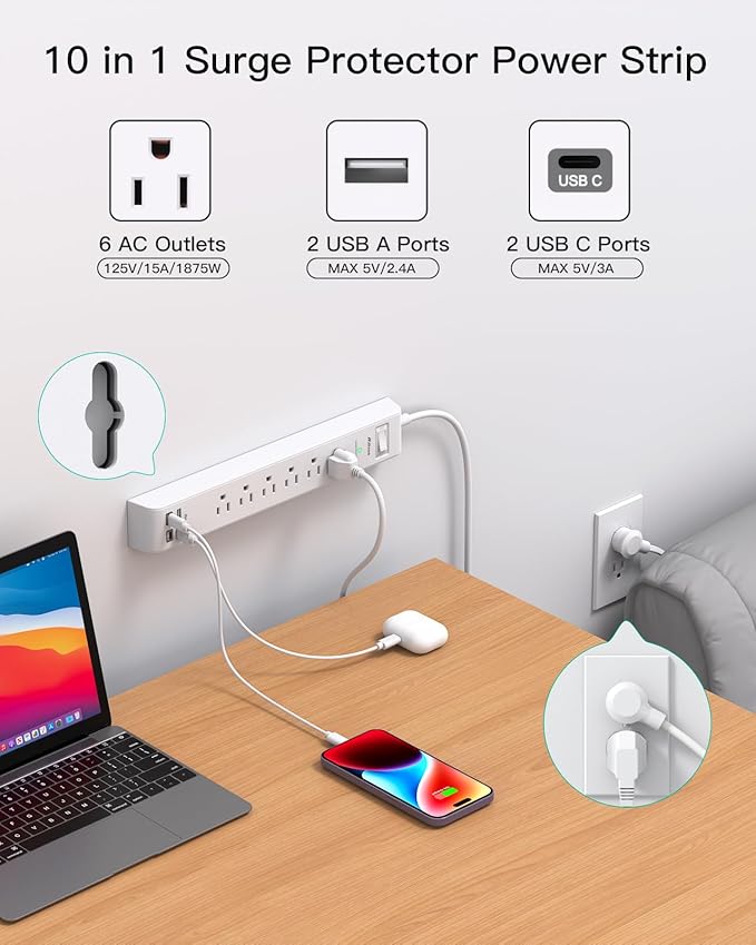 2 Pack Power Strip, 12FT Long Extension Cord, Surge Protector - Image 2