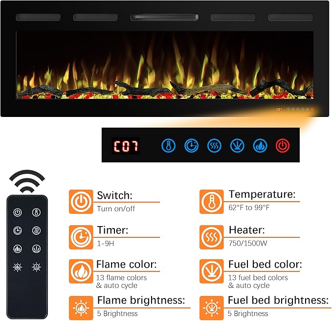 60" WiFi Electric Fireplace Inserts, Recessed and Wall Mounted Fireplace Heater - Image 2
