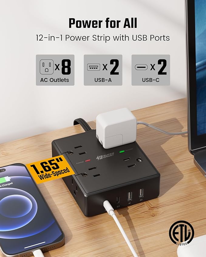 15Ft Extension Cord with Multiple Outlets, Flat Plug Power Strip Surge - Image 3