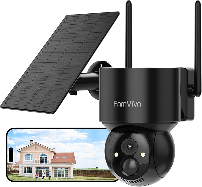 FAMVIVA 2K Solar Security Cameras Wireless Outdoor, 360°PTZ Battery Powered by FamViva
