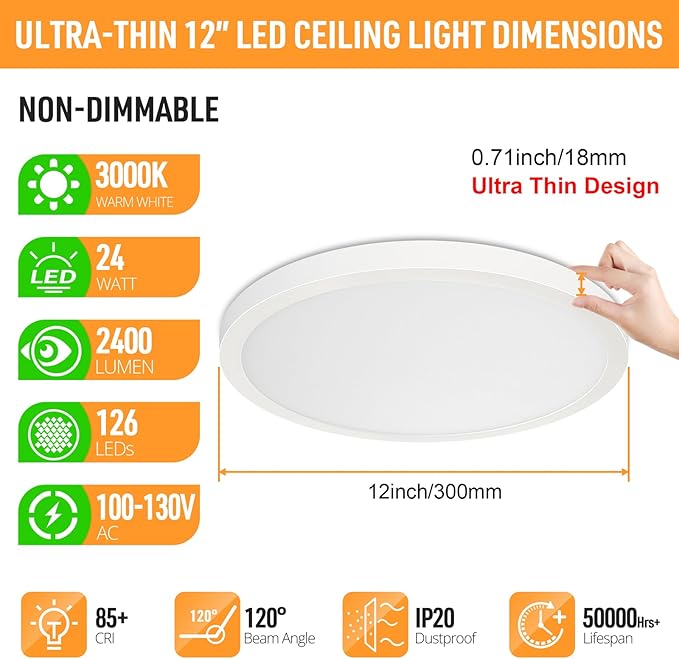SunRider LED Flush Mount Ceiling Light Fixture, 3000K Warm White, 12 Inch 24W - Image 2