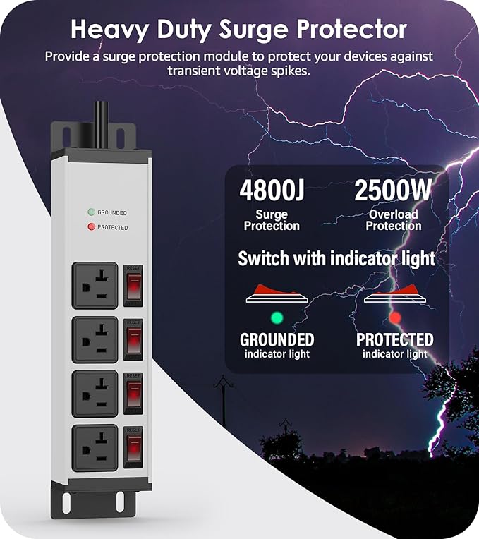 CCCEI Heavy Duty Surge Protector Power Strip 20 Amp Individual Switches. 6FT 12 - Image 2