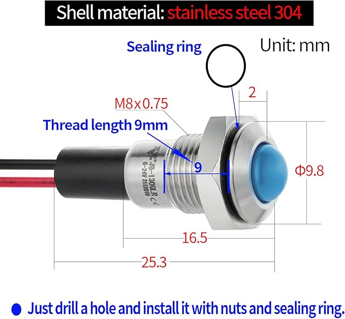 ZGSZJHF UL Listed Mini Indicator Light 8mm 0.31" Waterproof Domed Metal - Image 4