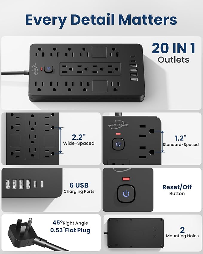 JouleLoom Surge Protector Power Strip-14 Outlets and 6 USB Ports, 10 Feet Flat - Image 7