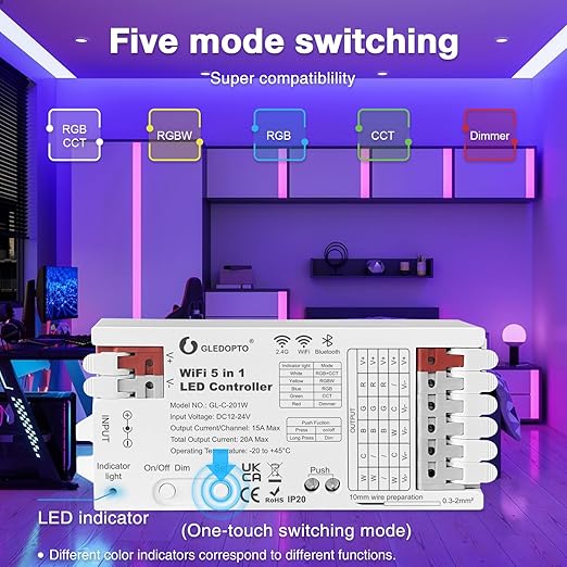 GLEDOPTO WiFi Bluetooth 5 in 1 LED Strip Controller DC12-24V 20A Current RGBCCT - Image 2