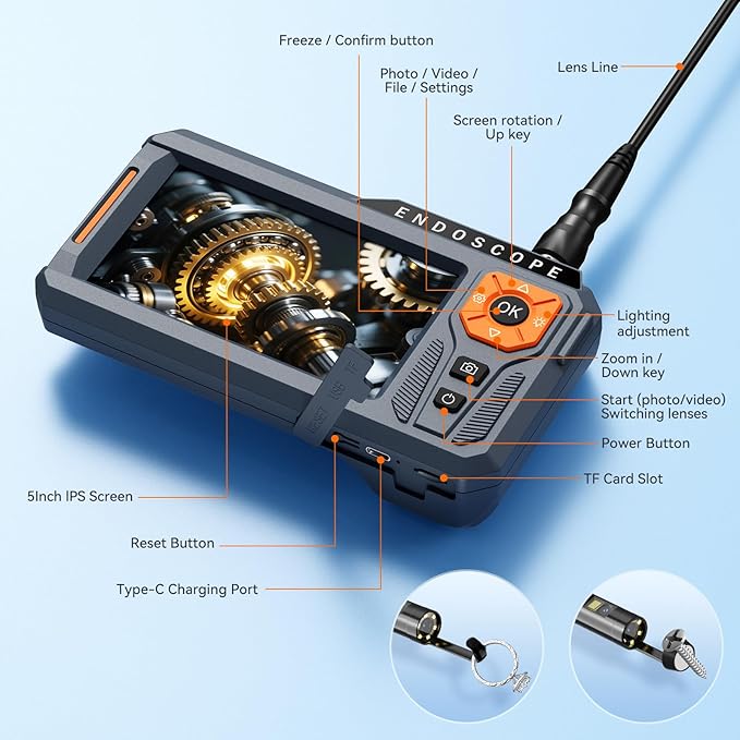 50FT Triple Lens 5" IPS Borescope Inspection Camera, Ginocaco 1080P Digital - Image 5