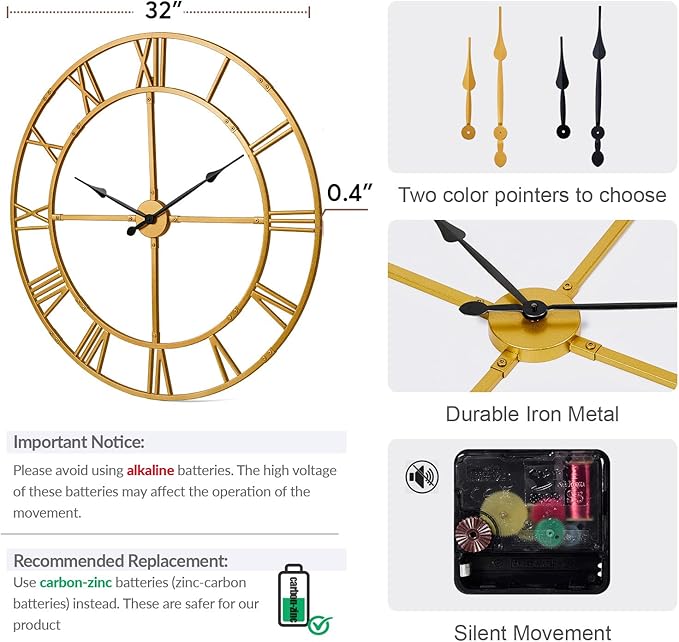 Ohweog Large Wall Clock for Living Room Decor – 32 Inch Silent Non-Ticking - Image 2