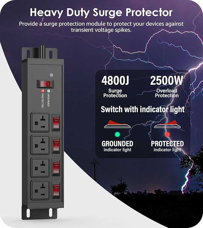 CCCEI Heavy Duty Surge Protector Power Strip 20 Amp Individual Switches. 15FT - Image 2