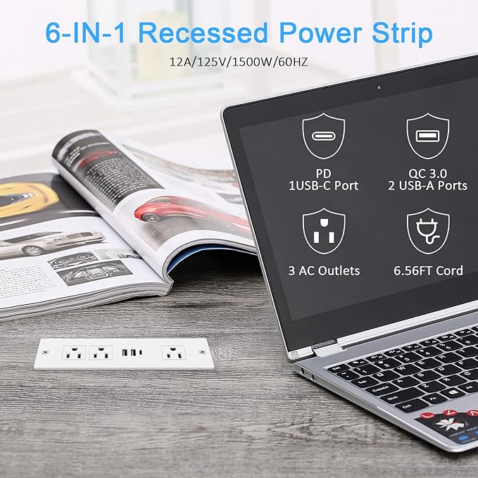 Recessed Power Strip, Furniture Plug in 3 Outlets & Fast Charging 20W PD USB-C - Image 2