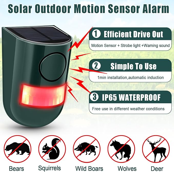 Qualirey 4 Pack Solar Sound and Light Alarm Motion Sensor 129db Outdoor - Image 4