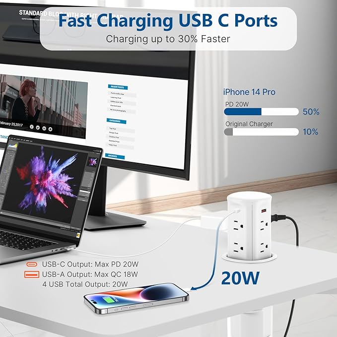 Pop up Outlet for Countertop, 3.15-inch Hole Desk Grommet Power, 8 Outlets 4 USB - Image 4