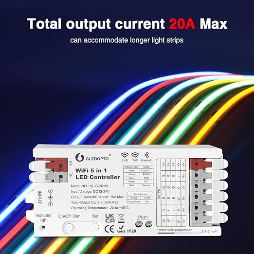 GLEDOPTO WiFi Bluetooth 5 in 1 LED Strip Controller DC12-24V 20A Current RGBCCT - Image 4