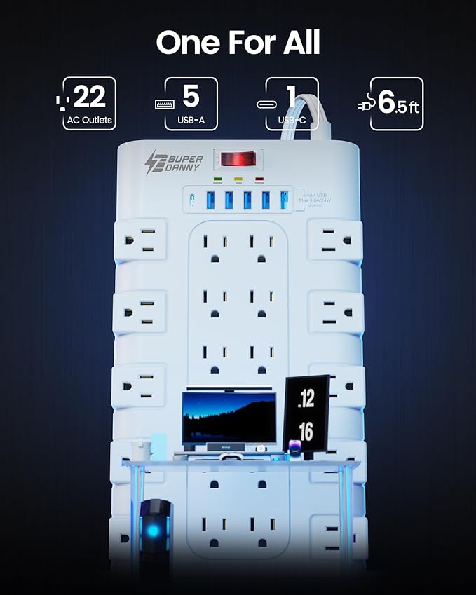 Flat Plug Power Strip, SUPERDANNY Surge Protector - Image 3