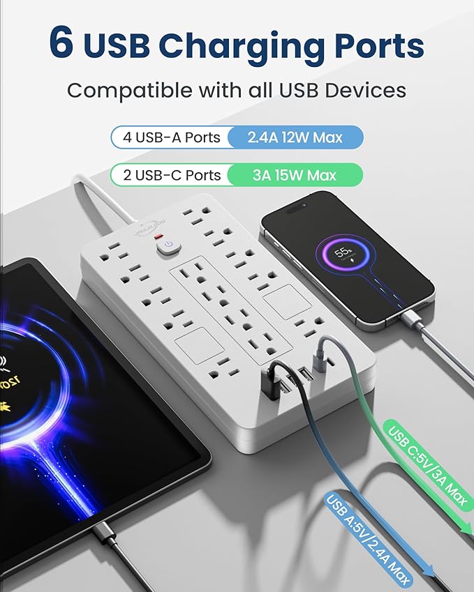 JouleLoom Surge Protector Power Strip-14 Outlets and 6 USB Ports, 10 Feet Flat - Image 3