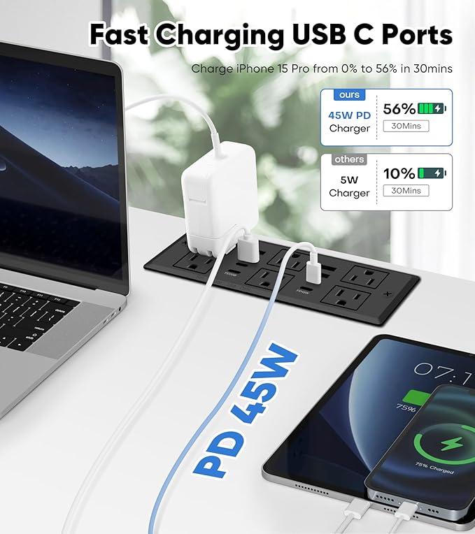 Recessed Power Strip with 45W USB C, Furniture Desk Flush Mount Outlet - Image 3