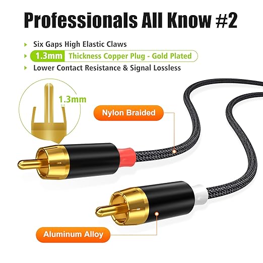 AGVEE 16.5ft RCA Cable, 2 RCA Male Thickened Six Claws Plug Stereo Auxiliary - Image 4