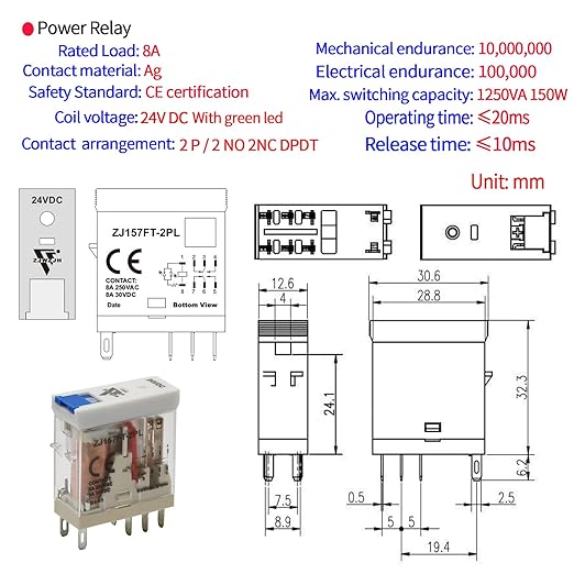 UL Listed 6 Pcs 8-Amp Electromagnetic Relay 24V DC Relay DPDT 2NO 2NC 8Pin - Image 4