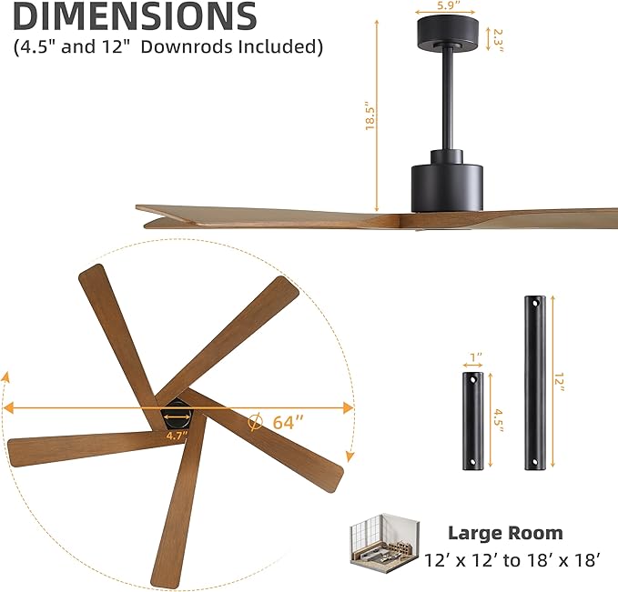 WINGBO 64" ABS DC Ceiling Fan No Light, 5 Blade ABS Plastic Ceiling Fan - Image 3
