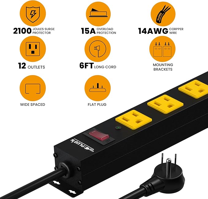12 Outlet Long Power Strip, 2100 Joules Surge Protector, 6FT Power Cord - Image 2