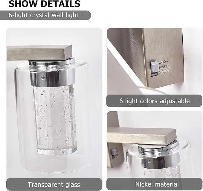 SADENICEL 6 Light Brushed Nickel Bathroom Light Fixtures, LED Vanity Lights - Image 5